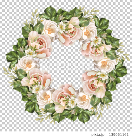 Pink roses wreath with flowers and green leaves. Circular botanical frame Pink roses wreath with flowers and green leaves. Circular botanical frame 139061161