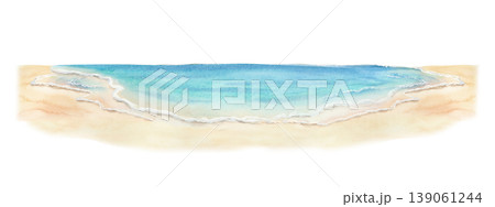 Watercolor horizontal beach seascape isolated illustration no background. Ocean coast with sand clip art for tropical and summer designs in bright blue and turquoise colors. Hand drawn French Riviera Watercolor horizontal beach seascape isolated illustration no background. Ocean coast with sand clip art for tropical and summer designs in bright blue and turquoise colors. Hand drawn French Riviera 139061244