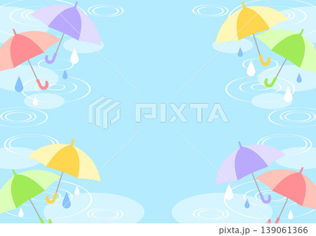 梅雨背景、傘、青、水たまり、かわいい、横 139061366