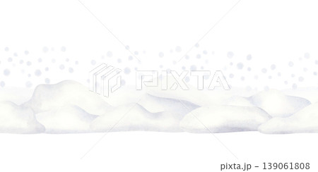 Snowdrifts and snowfall watercolor seamless border on white. Hand drawn snow hills for winter landscape designs and Christmas greetings. North wintertime nature repeat horizontal banner 139061808
