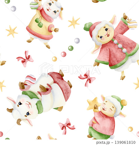 Funny sheep and goats family decorating for Christmas watercolor seamless pattern on white. Cartoon animals in winter clothes with baubles, red bows and stars hand drawn repeat background Funny sheep and goats family decorating for Christmas watercolor seamless pattern on white. Cartoon animals in winter clothes with baubles, red bows and stars hand drawn repeat background 139061810