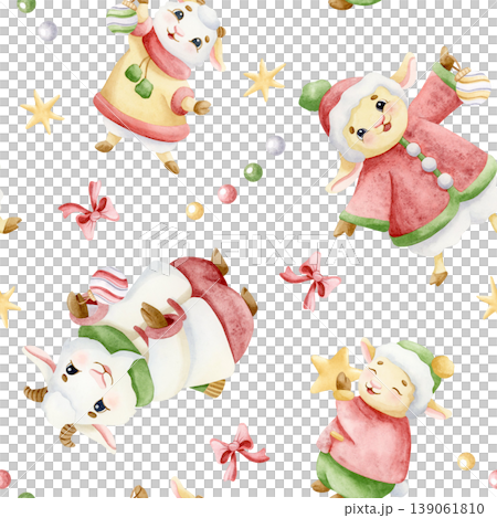 Funny sheep and goats family decorating for Christmas watercolor seamless pattern on white. Cartoon animals in winter clothes with baubles, red bows and stars hand drawn repeat background Funny sheep and goats family decorating for Christmas watercolor seamless pattern on white. Cartoon animals in winter clothes with baubles, red bows and stars hand drawn repeat background 139061810