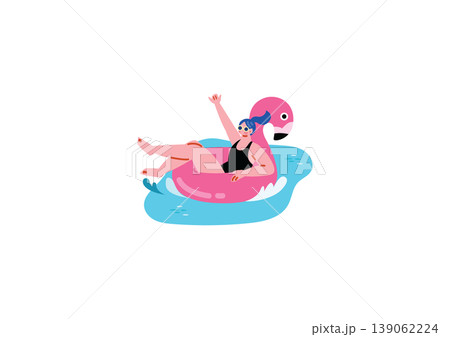 フラミンゴの浮き輪に乗る女性のイラスト フラミンゴの浮き輪に乗る女性のイラスト 139062224