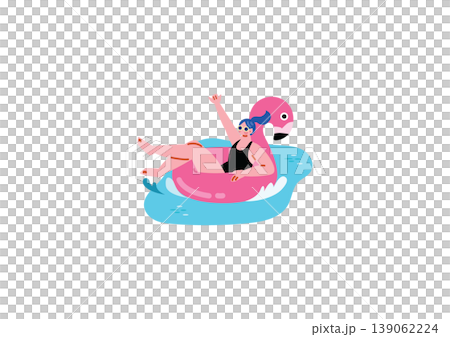 フラミンゴの浮き輪に乗る女性のイラスト フラミンゴの浮き輪に乗る女性のイラスト 139062224