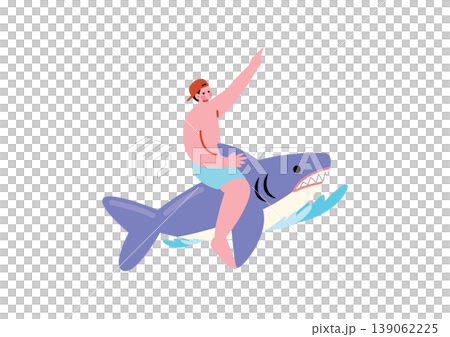 サメの浮き輪に乗る男性のイラスト 139062225