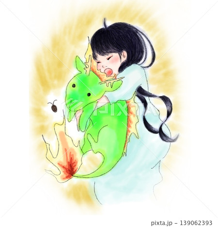 水彩風 女の子とドラゴン 手描きイラスト 水彩風 女の子とドラゴン 手描きイラスト 139062393