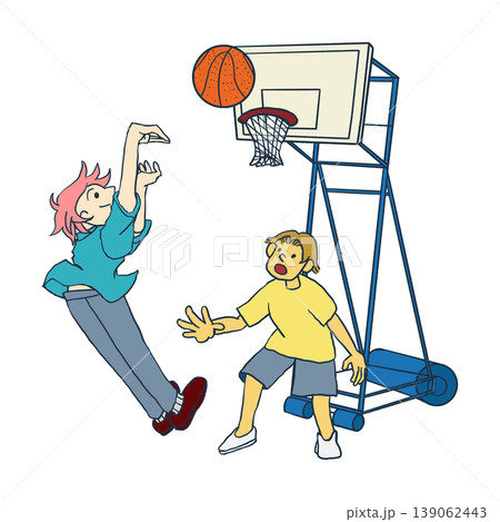 2人の男の子がバスケットでボールをシュートしてゲームで遊んでいるスポーツイラスト 2人の男の子がバスケットでボールをシュートしてゲームで遊んでいるスポーツイラスト 139062443
