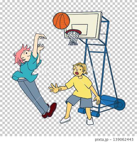 2人の男の子がバスケットでボールをシュートしてゲームで遊んでいるスポーツイラスト 2人の男の子がバスケットでボールをシュートしてゲームで遊んでいるスポーツイラスト 139062443
