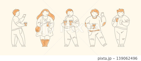 Minimalist Line Art Five Casual Coffee Drinkers With Smartphones Waving And Social Poses 139062496