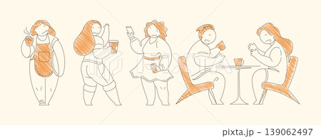 Minimalist Line Art Four Coffee Scenes Waitress Serving Woman Drinking Mobile Order And Couple Minimalist Line Art Four Coffee Scenes Waitress Serving Woman Drinking Mobile Order And Couple 139062497
