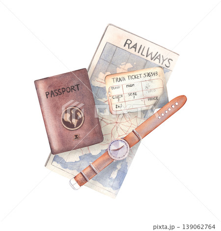 Hand-painted watercolor of railway map, passport, vintage train ticket, wristwatch isolated on white for travel themes, trip planning, branding, advertising, editorial design, posters, websites. Hand-painted watercolor of railway map, passport, vintage train ticket, wristwatch isolated on white for travel themes, trip planning, branding, advertising, editorial design, posters, websites. 139062764