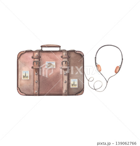 Hand-painted watercolor of vintage suitcase with stamps and headphones isolated on white. Surreal travel music concept illustration for retro branding, ads, editorial design, posters, websites Hand-painted watercolor of vintage suitcase with stamps and headphones isolated on white. Surreal travel music concept illustration for retro branding, ads, editorial design, posters, websites 139062766