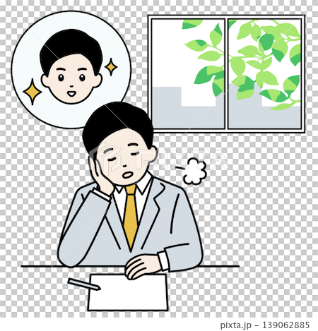 An illustration of a male employee sighing due to the May blues (vector, transparent background). An illustration of a male employee sighing due to the May blues (vector, transparent background). 139062885