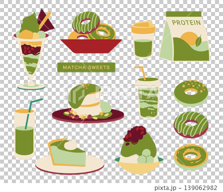 華やかな抹茶スイーツイラストのセット 139062982