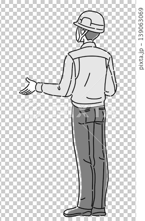 一幅單色插圖，描繪了一名身穿工作服、雙臂彎曲的男子，視角來自背後。 139063069