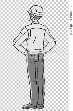 一幅黑白插圖，描繪了一名身穿工作服、雙手叉腰的男子，從背後拍攝。 139063072