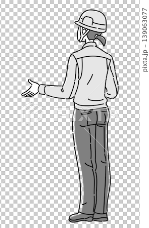 作業服を着て腕を曲げる女性の後ろ姿のモノトーンイラスト 139063077