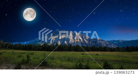 a beautiful night shot of a mountain in the night starry sky 139063273