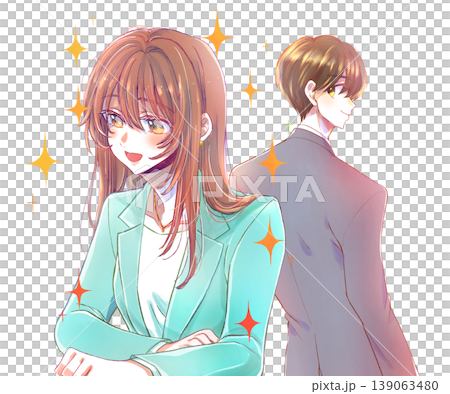 A man in a suit smiles at a female colleague. A man in a suit smiles at a female colleague. 139063480