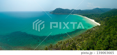 Aerial view of a beautiful tropical island coastline with clear turquoise water, white sand beach, and lush green palm trees. 139063665