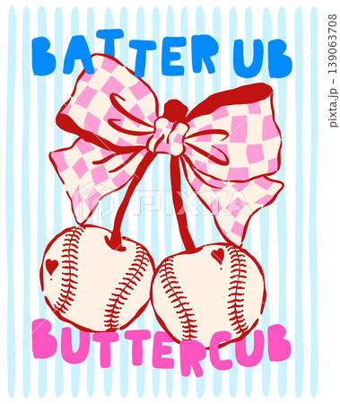 Coquette Baseball Cherries with Pink Checkered Bow Whimsical Sketchy Hand Drawn Shirt Design and Wall Art Printable 139063708