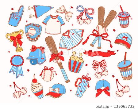 Preppy Baseball Gear Element Kit with Ribbon Bows and stripes Whimsical Hand Drawn Sport Aesthetic for Sublimation Preppy Baseball Gear Element Kit with Ribbon Bows and stripes Whimsical Hand Drawn Sport Aesthetic for Sublimation 139063732