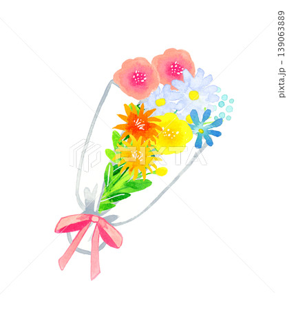 カラフルでオシャレな花束　植物の手描き水彩イラスト素材 139063889