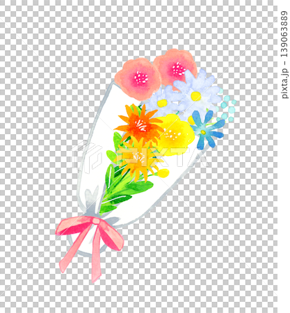 カラフルでオシャレな花束　植物の手描き水彩イラスト素材 139063889
