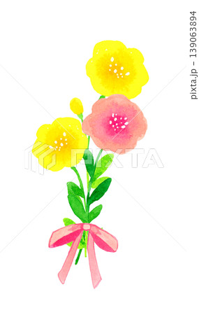 かわいい花とピンク色のリボンの花束　植物の手描き水彩イラスト素材 139063894