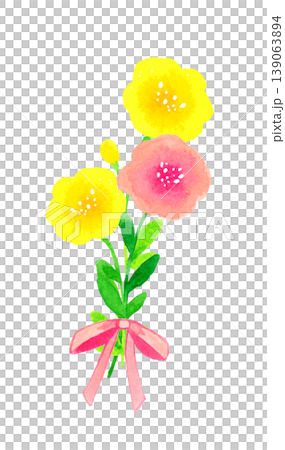 かわいい花とピンク色のリボンの花束　植物の手描き水彩イラスト素材 139063894