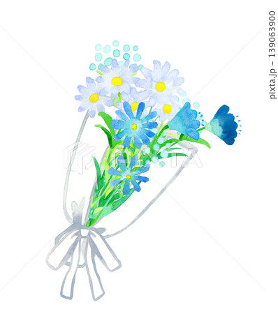 青系のオシャレで大人っぽい花束　植物の手描き水彩イラスト素材 139063900