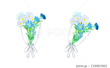 青系のオシャレで大人っぽい花束　植物の手描き水彩イラスト素材 139063902