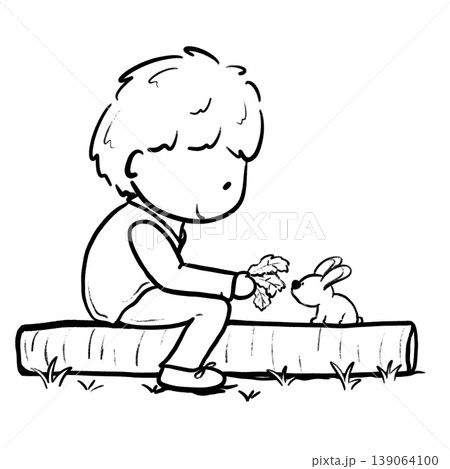 Boy is feeding vegetable to little rabbit on a trunk cartoon outline illustration Boy is feeding vegetable to little rabbit on a trunk cartoon outline illustration 139064100