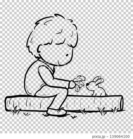 Boy is feeding vegetable to little rabbit on a trunk cartoon outline illustration Boy is feeding vegetable to little rabbit on a trunk cartoon outline illustration 139064100