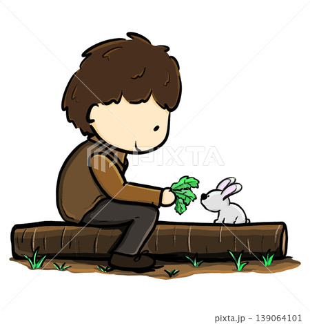 Boy is feeding vegetable to little rabbit on a trunk cartoon illustration 139064101