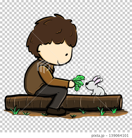 Boy is feeding vegetable to little rabbit on a trunk cartoon illustration 139064101