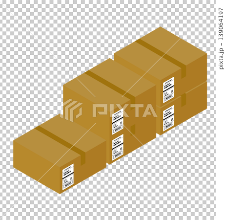 QRコードとバーコードの出荷ラベルが貼られた段ボールが積み上げて並べられているイラスト 139064197
