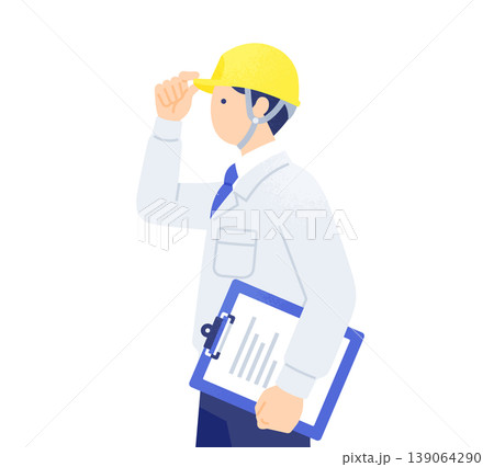ヘルメットのつばに手を添え前方を見る男性 作業服姿の横向き上半身イラスト 139064290