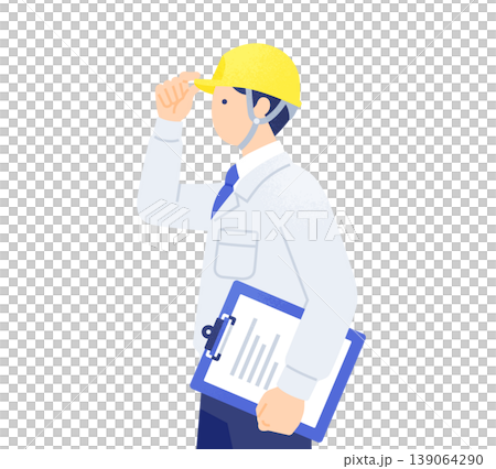 側視圖,描繪了一名身穿工作服的男子,他一手扶著頭盔邊緣,目視前方。 側視圖,描繪了一名身穿工作服的男子,他一手扶著頭盔邊緣,目視前方。 139064290