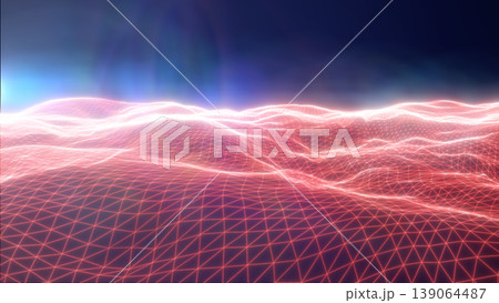 Red glowing wireframe wave terrain with polygon mesh and bright horizon glow, abstract futuristic digital landscape background 139064487