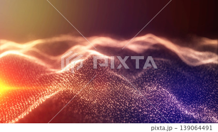 Warm orange and blue glowing particle waves with sparkling dots and soft bokeh haze, abstract digital energy landscape and modern tech background Warm orange and blue glowing particle waves with sparkling dots and soft bokeh haze, abstract digital energy landscape and modern tech background 139064491