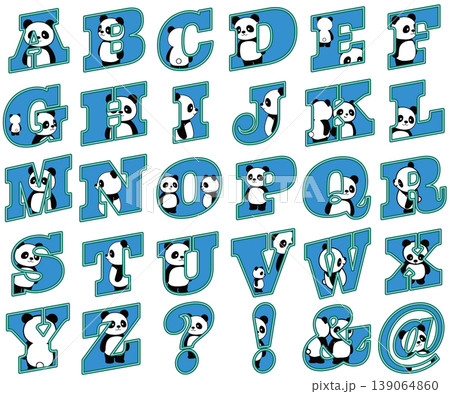 かわいいパンダがアルファベットの中から顔をのぞかせる、ユニークで遊び心のある英字フォント風イラスト 139064860