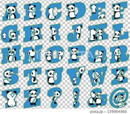 かわいいパンダがアルファベットの中から顔をのぞかせる、ユニークで遊び心のある英字フォント風イラスト 139064860
