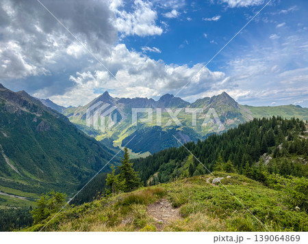Mountain valley and alpine peaks near Les Contamines-Montjoie, France 139064869