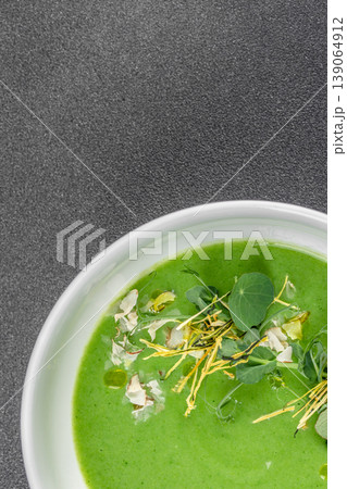 Green detox cream soup vegan healthy spinach puree with microgreens copy space Green detox cream soup vegan healthy spinach puree with microgreens copy space 139064912