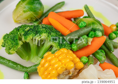 Vegetables mixed boiled broccoli carrot beans macro food Vegetables mixed boiled broccoli carrot beans macro food 139064951