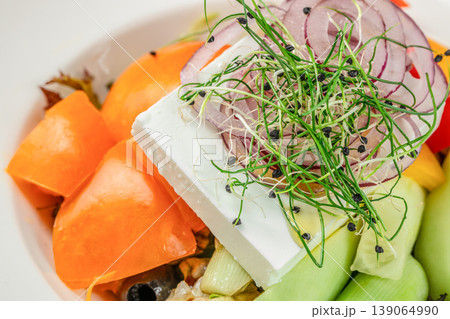 Cheese with vegetables and sprouts salad close up 139064990