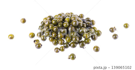 Pickled green peppercorns isolated on white background. Marinated unripe drupes of the Piper nigrum vine. Clipping path. Pickled green peppercorns isolated on white background. Marinated unripe drupes of the Piper nigrum vine. Clipping path. 139065102