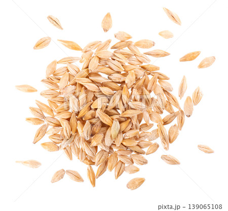 Malted barley grains isolated on white background. Barley seeds close up. Clipping path. Top view. 139065108