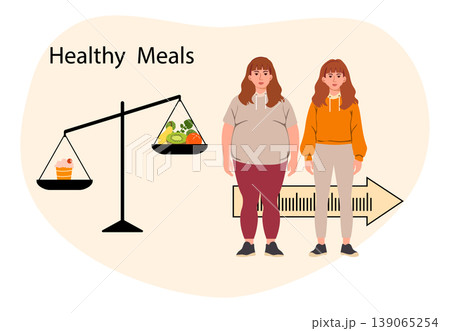 Healthy meals concept with diet comparison and weight loss journey illustration Healthy meals concept with diet comparison and weight loss journey illustration 139065254